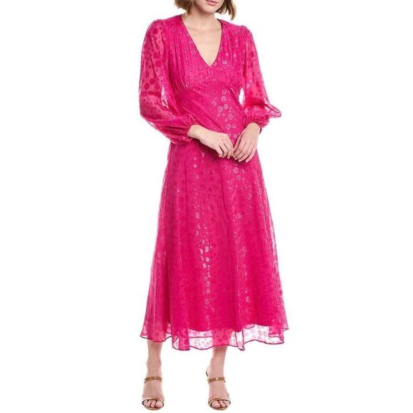Taylor Midi Dress Size 6 Petite Hot‎ Pink Long Sleeve V Neck Printed Chiffon NEW - Picture 1 of 10